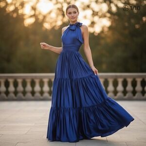 Mac Duggal Halter Neck Satin Tiered Evening Prom Formal Gown 50658 Size 6 NWT